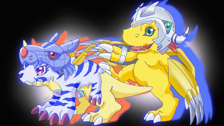 agumon, armor, claws, cosplay, digimon, digimon_(creature), gabumon, green_eyes