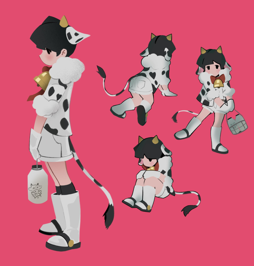 1boy, anheng3ll, animal_ears, bell, black_hair, blunt_bangs, blush, boots, bottle, child, cow_ears, cow_horns, cow_tail, cowbell, highres, horns, jacket, kageyama_shigeo, milk_bottle, mob_psycho_100, shorts, socks, tail