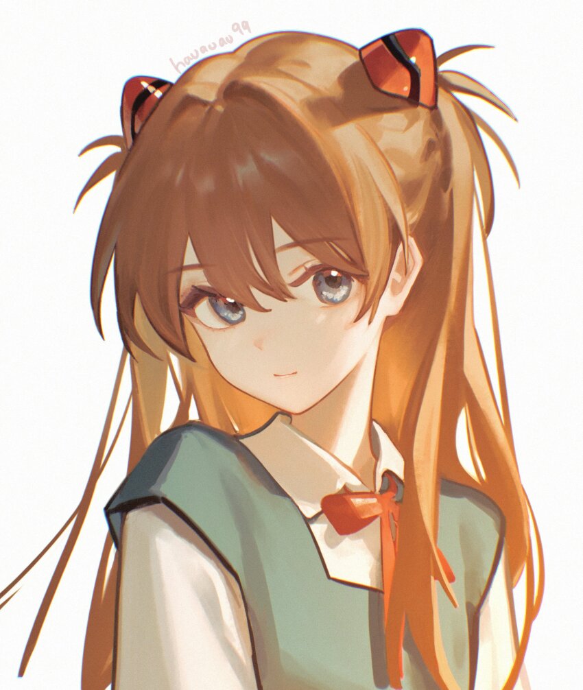 1girl, absurdres, artist_name, brown_hair, closed_mouth, collared_shirt, grey_eyes, hauauau99, highres, interface_headset_(evangelion), long_hair, looking_at_viewer, neck_ribbon, neon_genesis_evangelion, red_ribbon, ribbon, school_uniform, shirt, simple_background, smile, solo, souryuu_asuka_langley, tokyo-3_middle_school_uniform, upper_body, white_background