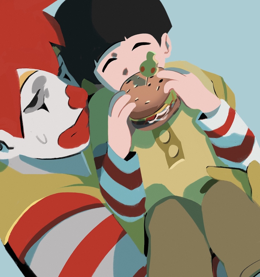2boys, anheng3ll, black_hair, blunt_bangs, burger, child, clown, clown_boy