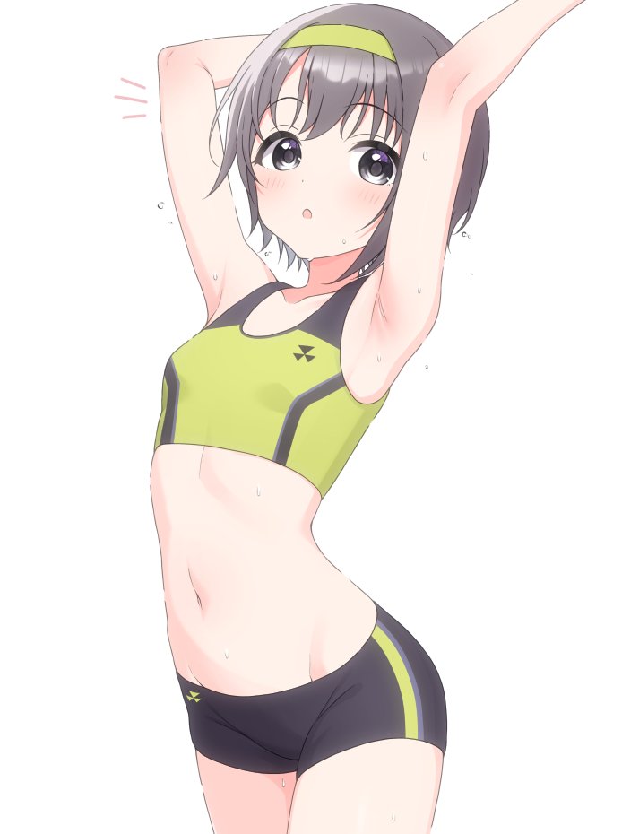 1girl, :o, afrobluescombo, armpits, arms_up, bike_shorts, black_shorts, blush, breasts, collarbone, commentary_request, cowboy_shot, dot_nose, green_hairband, grey_eyes, grey_hair, hairband, idolmaster, idolmaster_cinderella_girls, looking_at_viewer, navel, otokura_yuuki, short_hair, short_shorts, shorts, sidelocks, small_breasts, solo, sports_bra, sportswear, stomach, sweat, thighs, white_background