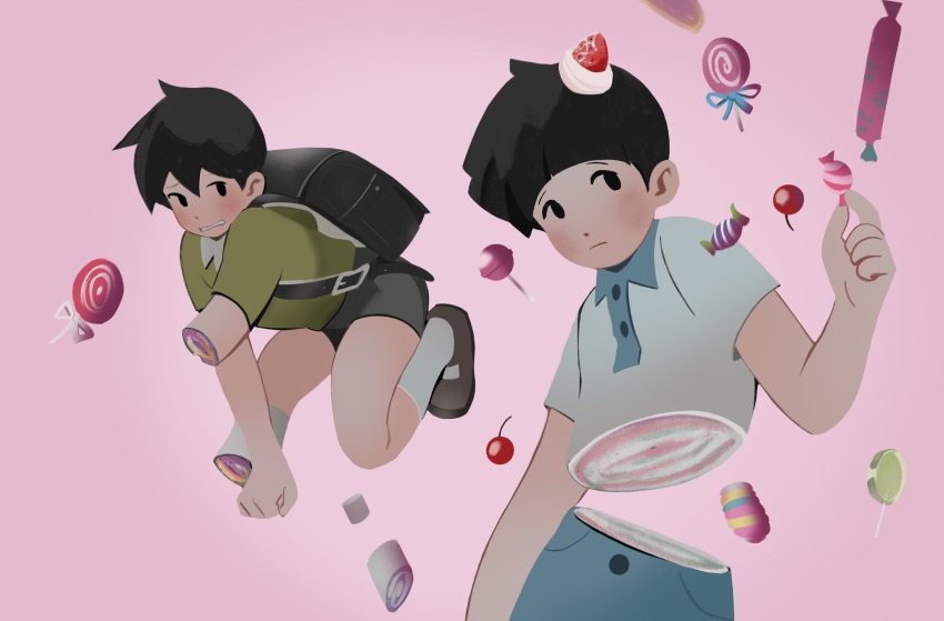 2boys, absurdres, anheng3ll, backpack, bag, black_hair, blunt_bangs, blush