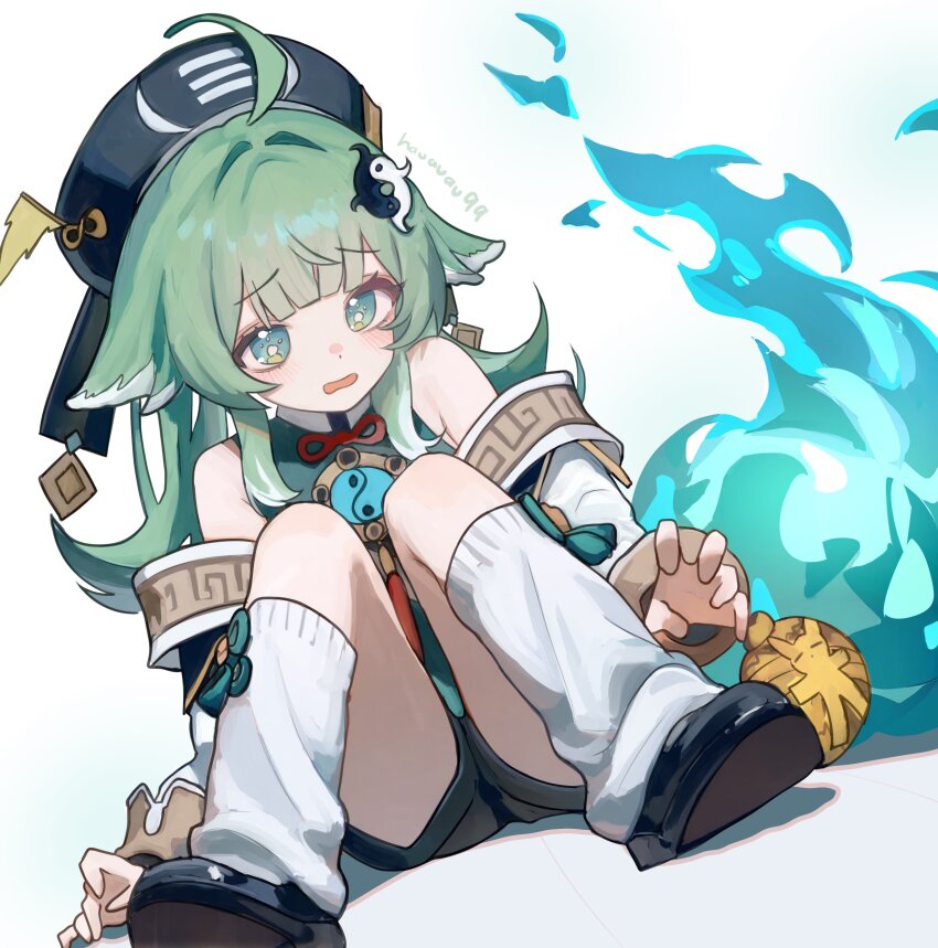 1girl, absurdres, ahoge, animal_ears, bare_shoulders, black_shoes, black_shorts, blue_eyes, blush, detached_sleeves, droopy_ears, fiery_tail, fire, fox_ears, fox_girl, green_hair, hauauau99, highres, honkai:_star_rail, honkai_(series), huohuo_(honkai:_star_rail), loose_socks, meandros_trim, paw-shaped_pupils, shoes, shorts, simple_background, sitting, socks, solo, symbol-shaped_pupils, tail, white_background, yin_yang, yin_yang_hair_ornament, zhuang_hat