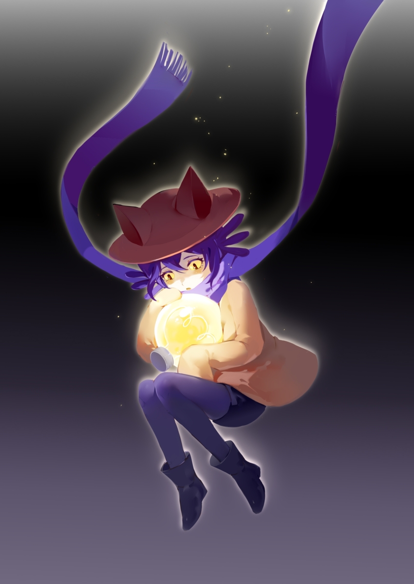 1other, androgynous, animal_ears, black_background, black_boots, black_eyes, black_pantyhose, black_shorts, boots, brown_hat, brown_shirt, cat_ears, chinese_commentary, colored_sclera, commentary_request, hair_between_eyes, hat, highres, holding, light_bulb, light_particles, long_sleeves, niko_(oneshot), oneshot_(game), other_focus, pantyhose, parted_lips, purple_hair, purple_scarf, raining_ji, scarf, shirt, shorts, sleeves_past_fingers, sleeves_past_wrists, solo, variant_set, yellow_sclera