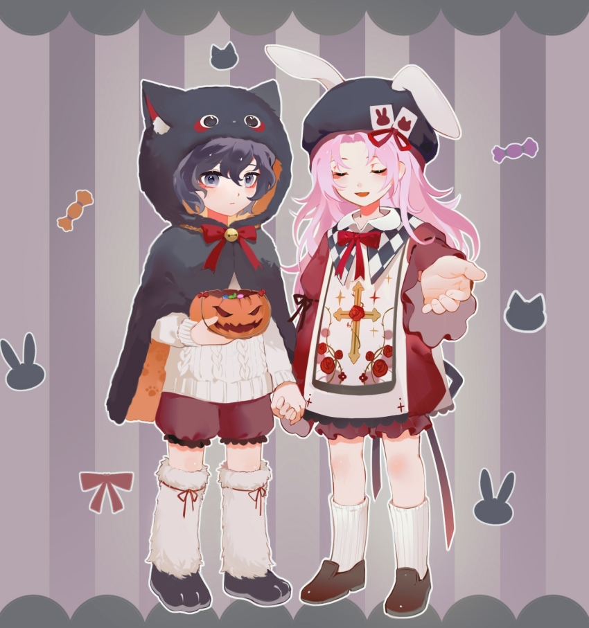 2boys, aged_down, alternate_costume, animal_ear_hood, animal_ears, bell, black_cape, black_eyes