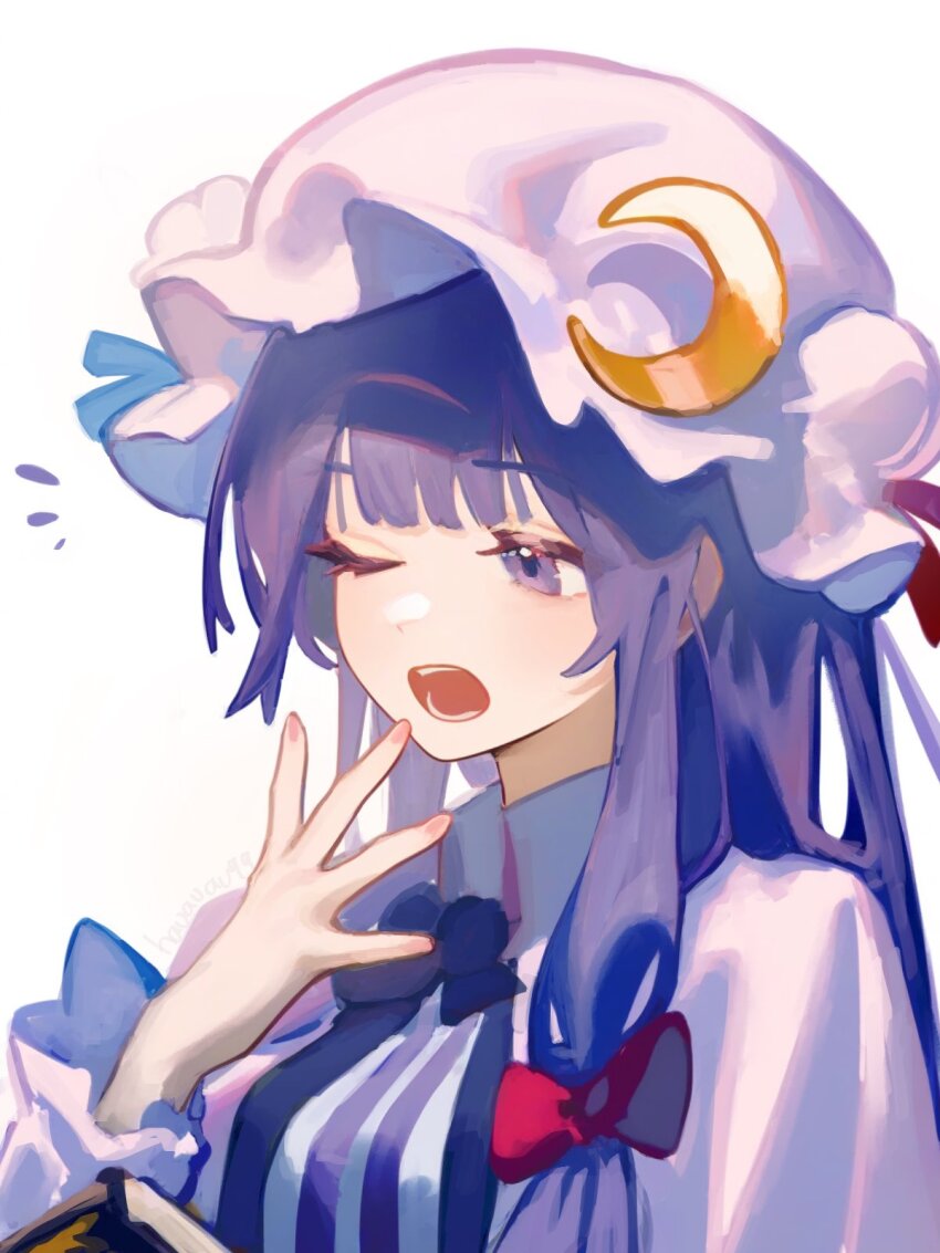 1girl, artist_name, bow, collared_shirt, crescent, crescent_hat_ornament, dress, flying_sweatdrops