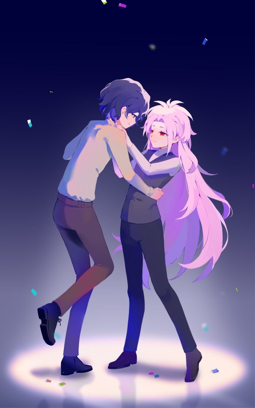 2boys, absurdres, belt, black_hair, black_pants, black_shoes, black_vest, brown_belt