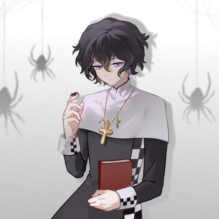 1boy, black_coat, black_hair, book, bug, capelet, chinese_commentary, closed_mouth