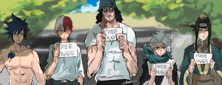 5boys, ^_^, aokiji_(one_piece), black_hair, bleach, blue_scarf, blue_tattoo, boku_no_hero_academia, burn_scar, chest_tattoo, closed_eyes, closed_mouth, commentary_request, fairy_tail, fairy_tail_logo, free_hugs, gray_fullbuster, hair_bun, haku_(naruto), haori, hat, hitsugaya_toushirou, holding, imamuu_(imamoon), japanese_clothes, kirigakure_symbol, long_hair, male_focus, multicolored_hair, multiple_boys, muscular, muscular_male, naruto_(classic), naruto_(series), one_piece, red_hair, scar, scar_on_face, scar_on_neck, scarf, shirt, signature, smile, spiked_hair, t-shirt, taichou_haori, tattoo, todoroki_shoto, topless_female, topless_male, two-tone_hair, white_hair, white_shirt