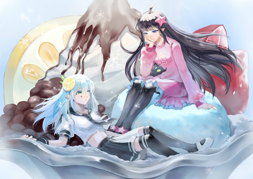 2girls, absurdres, ahoge, aotu_world, black_gloves, black_hair, black_pantyhose, black_sailor_collar, black_skirt, black_thighhighs, blue_eyes, blue_hair, breasts, chinese_commentary, commentary_request, crop_top, facial_mark, fingerless_gloves, food, food-themed_hair_ornament, frilled_skirt, frills, fruit, gloves, green_eyes, hair_ornament, hand_on_own_cheek, hand_on_own_face, highres, kaili_(aotu_world), lemon, lemon_(aotu_world), lemon_hair_ornament, lemon_slice, light_blue_hair, long_hair, long_sleeves, mary_janes, multiple_girls, navel, pantyhose, parted_lips, pink_skirt, pink_sweater, pleated_skirt, pointy_ears, puffy_short_sleeves, puffy_sleeves, raining_ji, sailor_collar, sailor_shirt, shirt, shoes, short_sleeves, sitting, skirt, small_breasts, smile, star_(symbol), star_hair_ornament, star_print, strawberry, sweater, thighhighs, triangle, triangle_facial_mark, very_long_hair, white_shirt, white_shoes