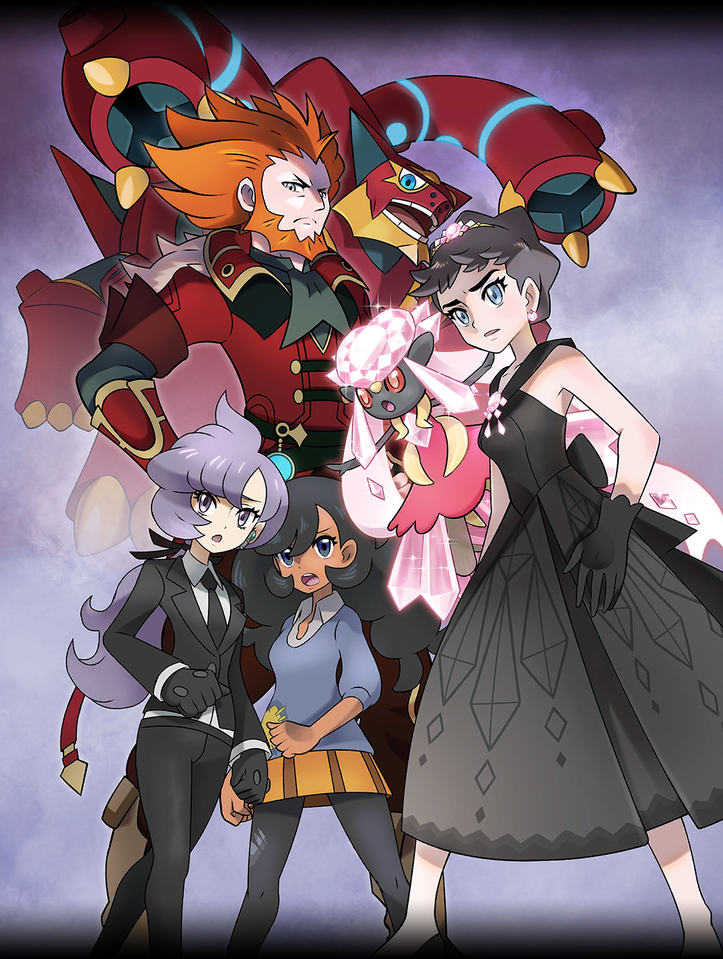 1boy, 3girls, alternate_color, alternate_costume, anabel_(pokemon), ariga_hitoshi, beard, black_dress, black_gloves, black_necktie, black_pants, black_shirt, black_suit, blue_eyes, blue_shirt, dark-skinned_female, dark_skin, diancie, diantha_(pokemon), diantha_(sygna_suit)_(pokemon), dress, earrings, emma_(pokemon), facial_hair, formal_clothes, gem, gen_6_pokemon, gloves, grey_hair, highres, jewelry, legendary_pokemon, long_hair, lysandre_(pokemon), lysandre_(sygna_suit)_(pokemon), mega_diancie, mega_pokemon, multiple_girls, mythical_pokemon, necktie, nintendo, official_alternate_color, official_alternate_costume, official_art, open_mouth, orange_hair, orange_shirt, pants, pink_gem, pokemon, pokemon_(creature), pokemon_masters_ex, pokemon_sun_and_moon, pokemon_x_and_y, ponytail, purple_eyes, purple_hair, red_eyes, red_shirt, shiny_pokemon, shirt, short_hair, suit, volcanion