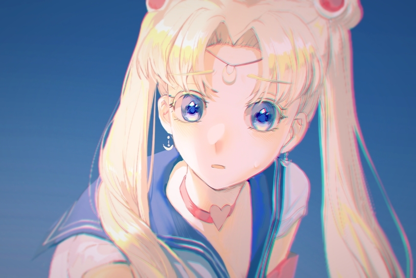 1girl, bishoujo_senshi_sailor_moon, blonde_hair, blue_background, blue_eyes, blue_sailor_collar, chinese_commentary, choker