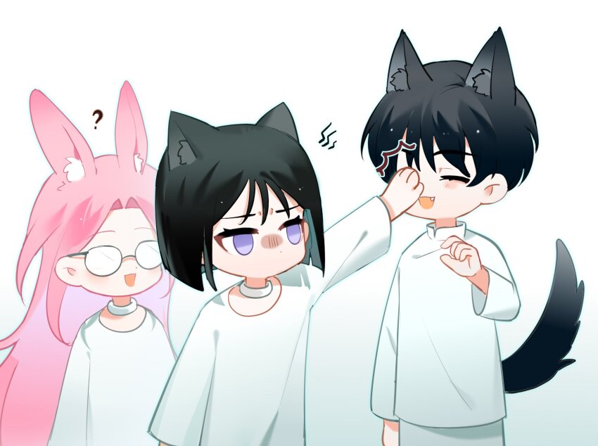1boy, 2girls, ?, alien_stage, animal_ear_fluff, animal_ears, black_hair, cat_ears