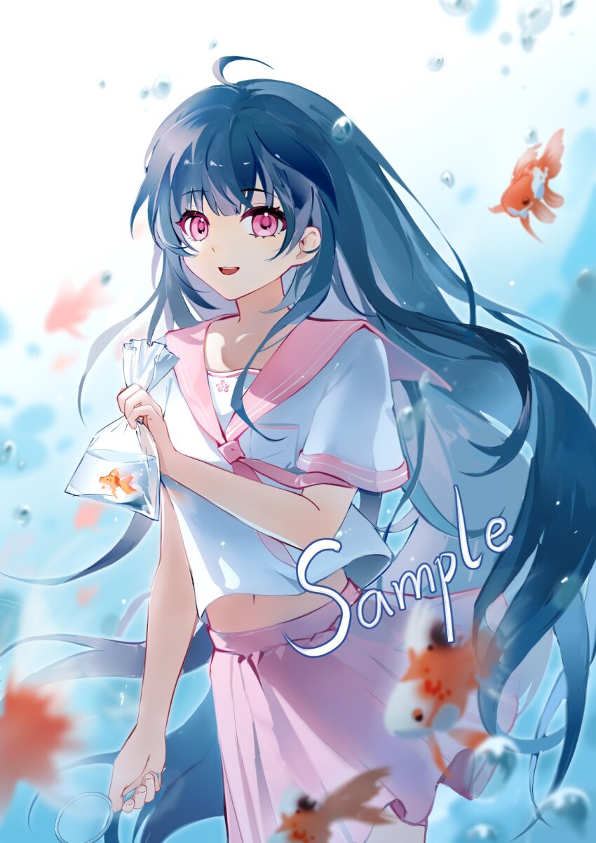 1girl, ahoge, bag, bagged_fish, black_hair, bubble, chinese_commentary, commentary_request