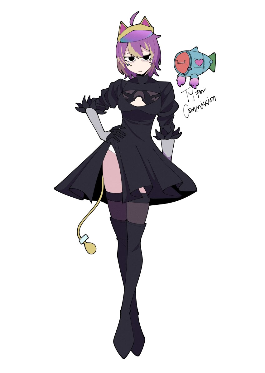 1girl, 2b_(nier:automata), 2b_(nier:automata)_(cosplay), :|, absurdres, ahoge, aurix_"rixxy"_brightful, black_boots, black_dress, black_gloves, black_thighhighs, blonde_hair, boots, cleavage_cutout, closed_mouth, clothing_cutout, commentary, commission, cosplay, dr._fish_(aurix_"rixxy"_brightful), dress, english_commentary, facial_mark, full_body, gloves, hand_on_own_hip, heart, heart_facial_mark, highres, jitome, long_sleeves, multicolored_hair, nexas_(vtuber), nier:automata, nier_(series), not_reyy, pink_hair, simple_background, star_(symbol), star_facial_mark, streaked_hair, thigh_boots, thighhighs, virtual_youtuber, white_background