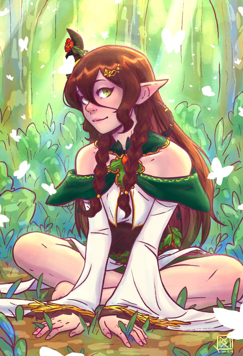 1girl, bell_mimieux, brown_hair, bug, butterfly, closed_mouth, commentary, dress