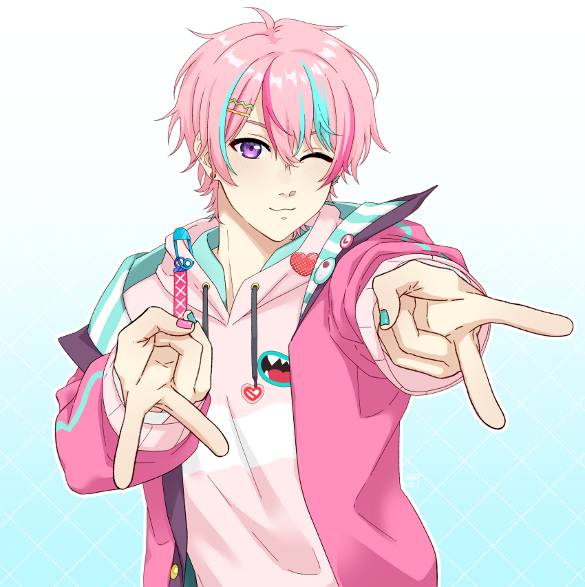 1boy, ;3, absurdres, blue_hair, blue_nails, closed_mouth, commentary, double_v