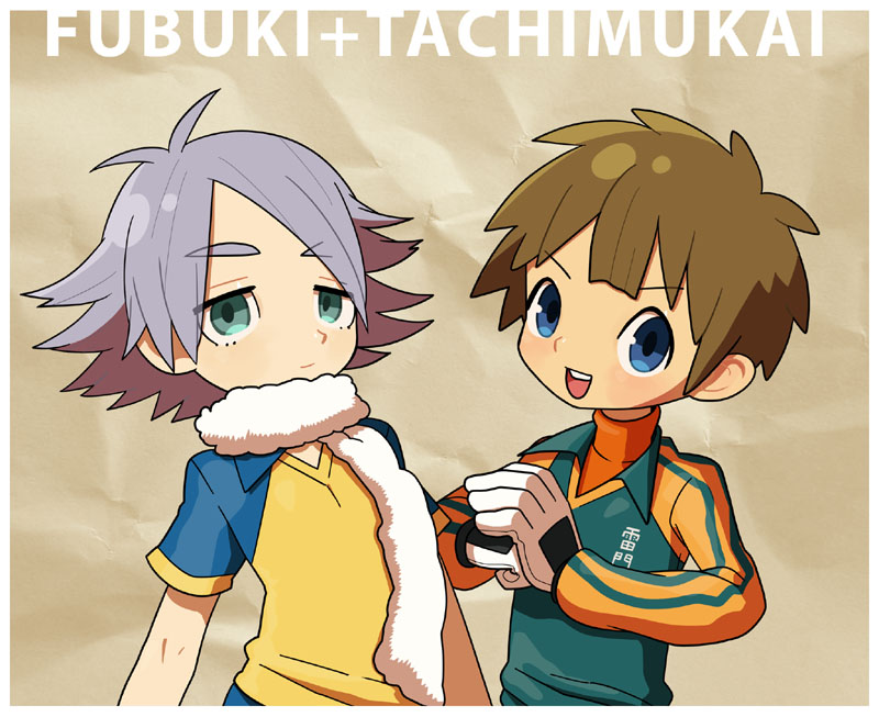 2boys, ahoge, blue_eyes, brown_hair, fubuki_shirou, gloves, inazuma_eleven, inazuma_eleven_(series), makino_(c-electro), masano, multiple_boys, scarf, short_hair, tachimukai_yuuki, white_hair