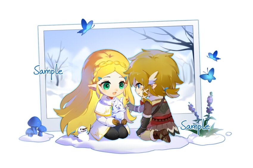 1boy, 1girl, bare_tree, black_gloves, black_pants, blonde_hair, blue_eyes, blue_sky