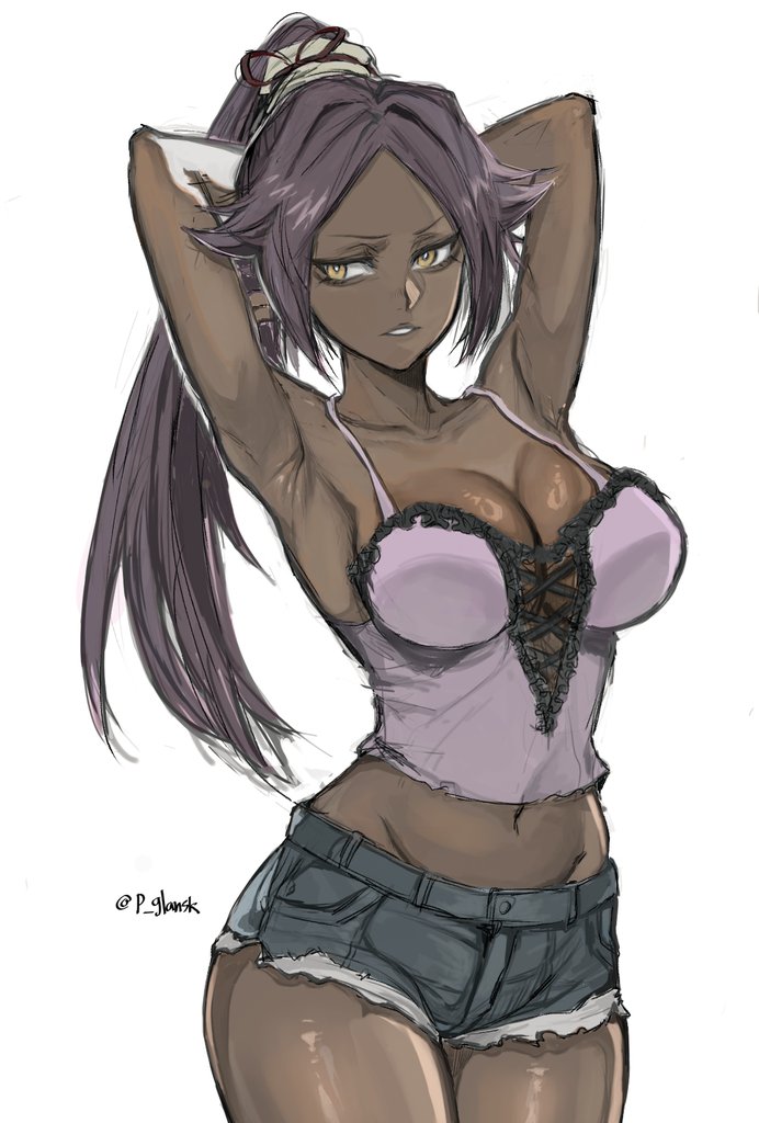 1girl, armpit_crease, armpits, arms_behind_head, arms_up, artist_name, bare_shoulders, bleach