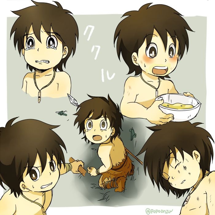 artist_request, back, bare_legs, black_hair, boots, child, crying, doraemon, doraemon:_nobita_no_nihon_tanjou, eating, kukuru_(doraemon), legs, loincloth, messy_hair, popoonzu, tears, topless_female, topless_male, wild_boy