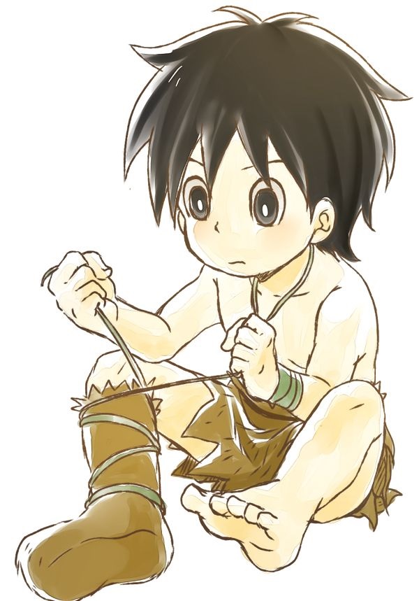 1boy, artist_request, back, bare_legs, barefoot, black_hair, boots, child