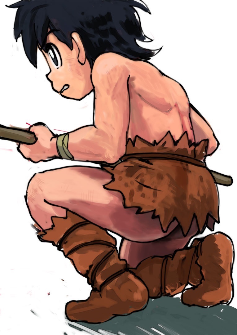 ass, ass_focus, back, bare_legs, black_hair, child, doraemon, doraemon:_nobita_no_nihon_tanjou, kneeling, kukuru_(doraemon), legs, loincloth, male_focus, messy_hair, solo, topless_female, topless_male, wild_boy