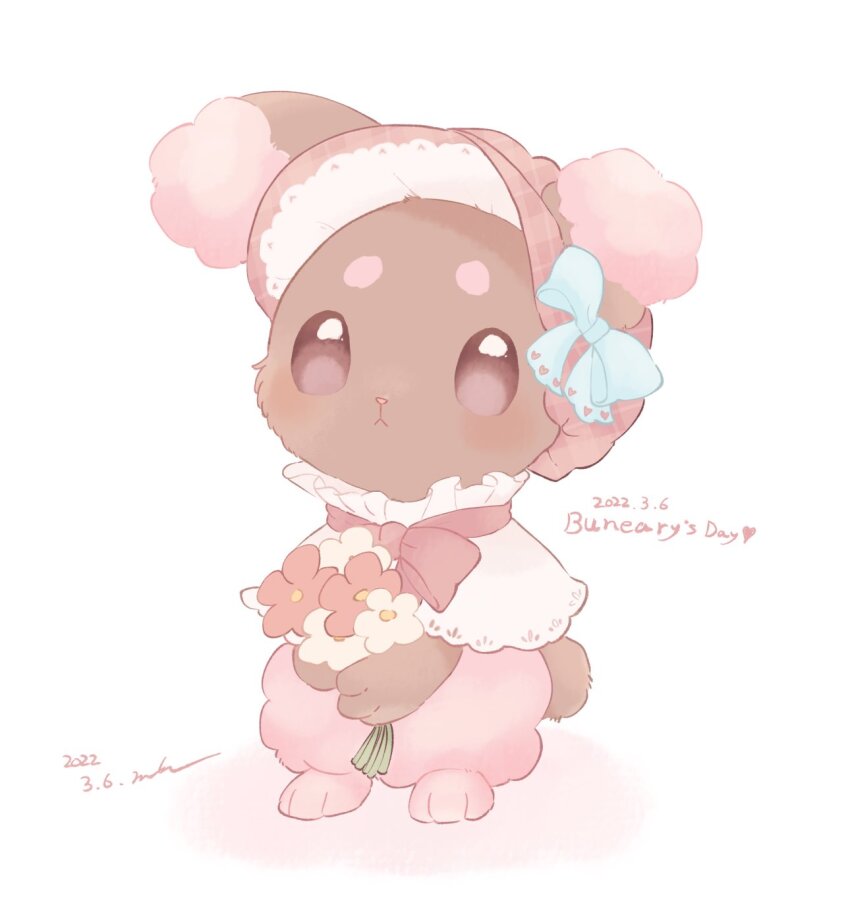 :<, alternate_color, animal_focus, animal_hands, blue_bow, bonnet, bow, brown_fur