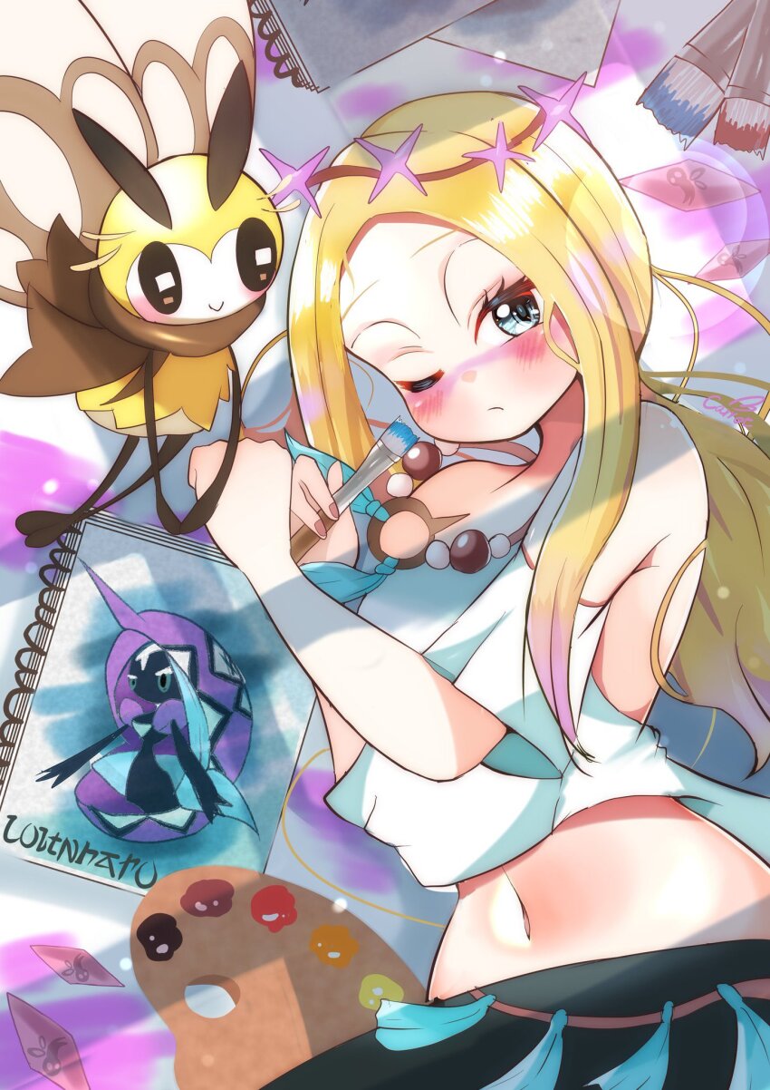 1girl, ;(, artist_name, bare_shoulders, black_skirt, blonde_hair, blue_eyes, blush