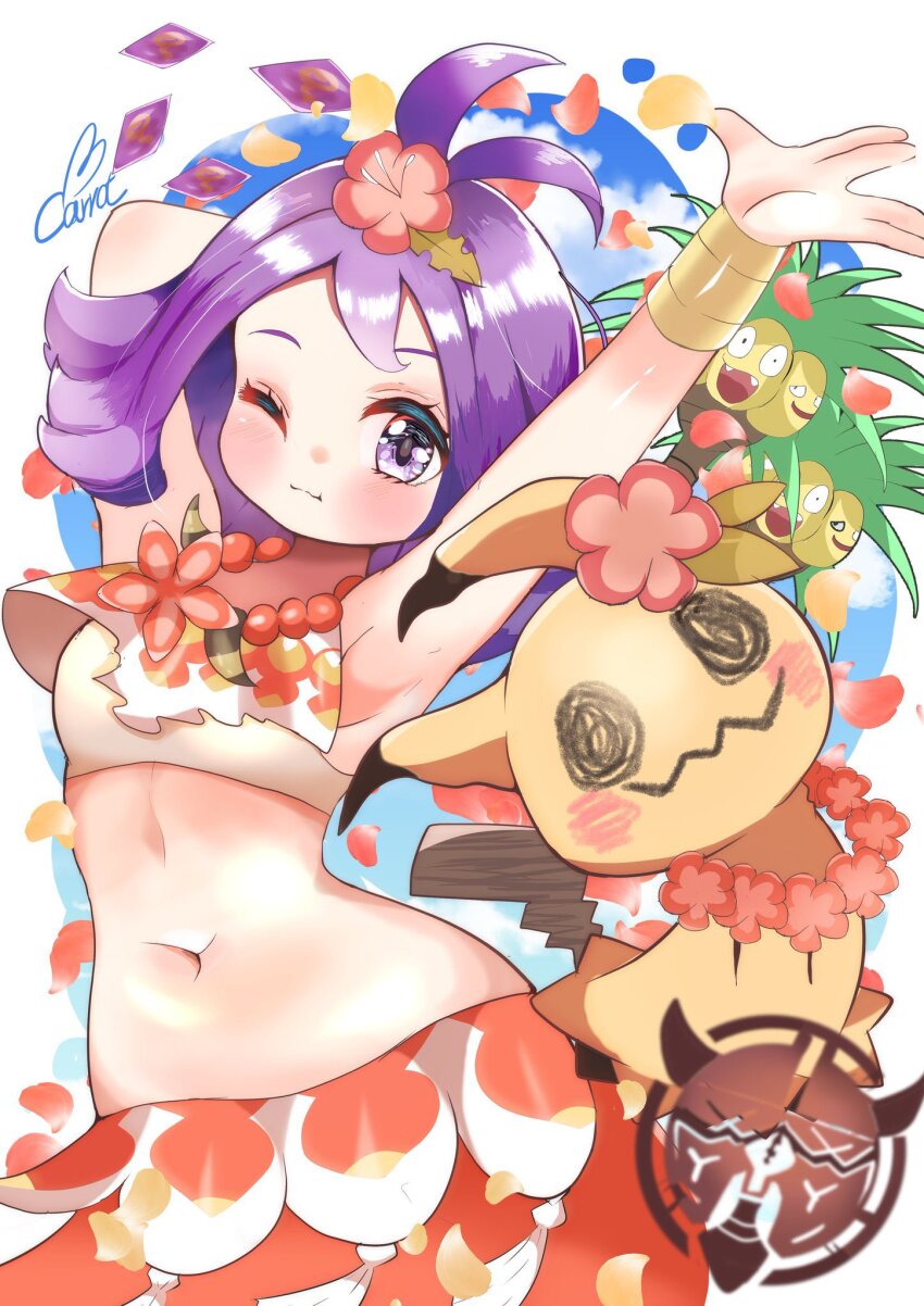 1girl, acerola_(pokemon), acerola_(sygna_suit)_(pokemon), alolan_exeggutor, alolan_form, arm_behind_head, arms_up, artist_name, bead_necklace, beads, blue_sky, blush, bracelet, breasts, carrot_summer, closed_mouth, cloud, crop_top, eyelashes, flower, flower_necklace, gen_7_pokemon, hair_flower, hair_ornament, highres, jewelry, medium_breasts, midriff, mimikyu, navel, necklace, nintendo, one_eye_closed, pokemon, pokemon_(creature), pokemon_masters_ex, purple_eyes, purple_hair, red_skirt, shirt, short_hair, skirt, sky, sleeveless, sleeveless_shirt, tassel, topknot, white_shirt, z-crystal