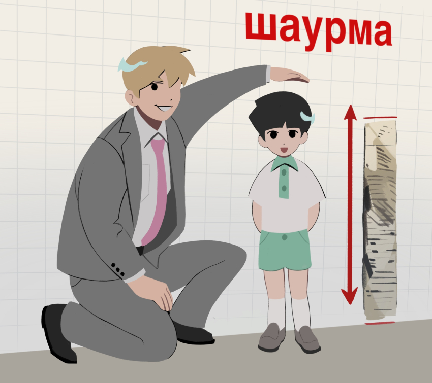 2boys, anheng3ll, black_hair, blonde_hair, blunt_bangs, child, formal_clothes, highres