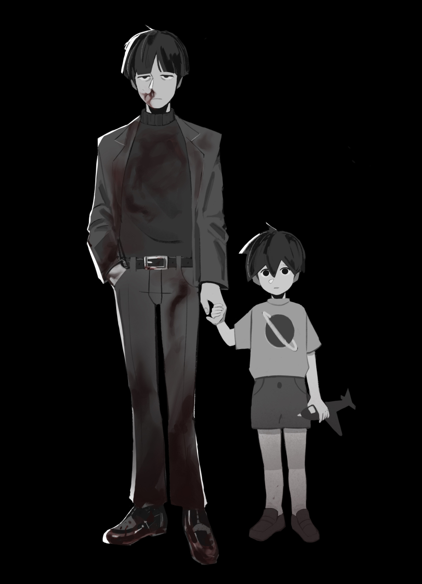 2boys, absurdres, aged_up, alternate_costume, anheng3ll, black_hair, blood, blood_on_clothes