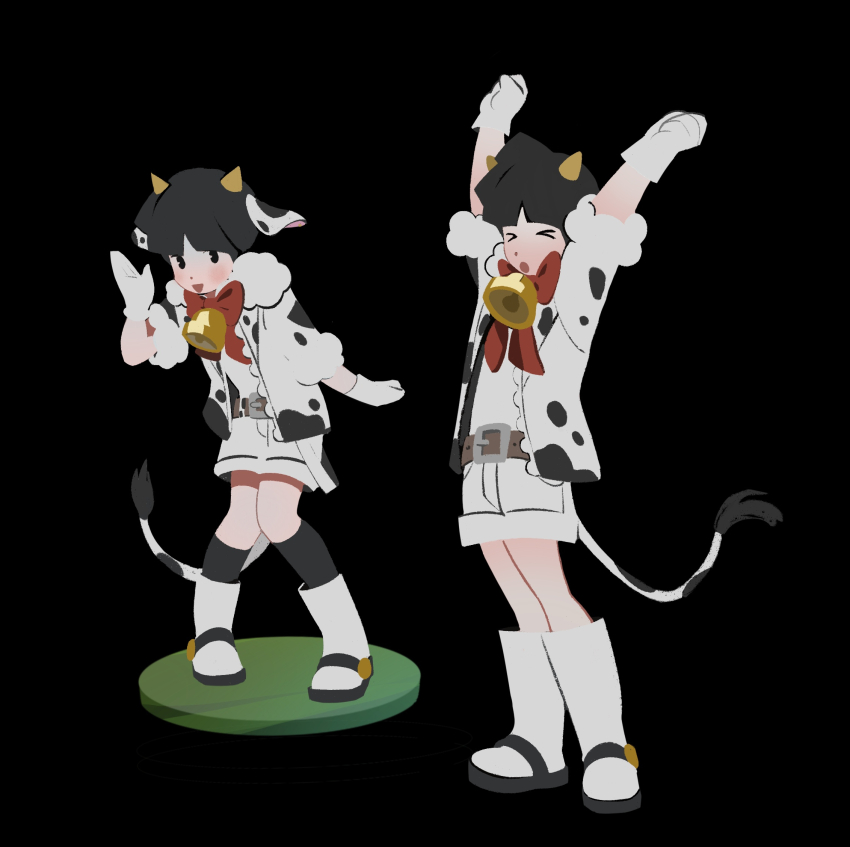 1boy, alternate_costume, anheng3ll, animal_ears, animal_print, bell, black_hair, blush