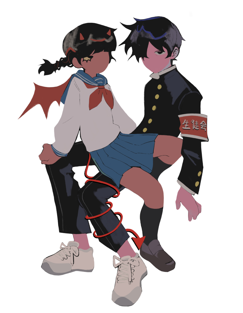 1boy, 1girl, absurdres, anheng3ll, armband, black_hair, blue_serafuku, blunt_bangs