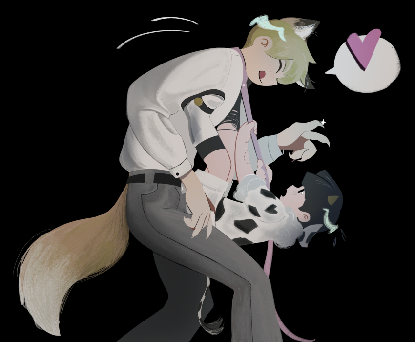 2boys, absurdres, alternate_costume, anheng3ll, animal_ears, animal_print, bite_mark, black_hair, blonde_hair, boots, child, claws, closed_eyes, cow_ears, cow_horns, cow_print, cow_tail, fox_boy, fox_ears, fox_tail, heart, highres, horns, kageyama_shigeo, mob_psycho_100, multiple_boys, necktie, pants, reigen_arataka, shirt, shorts, smile, socks, spoken_heart, tail, tongue, tongue_out