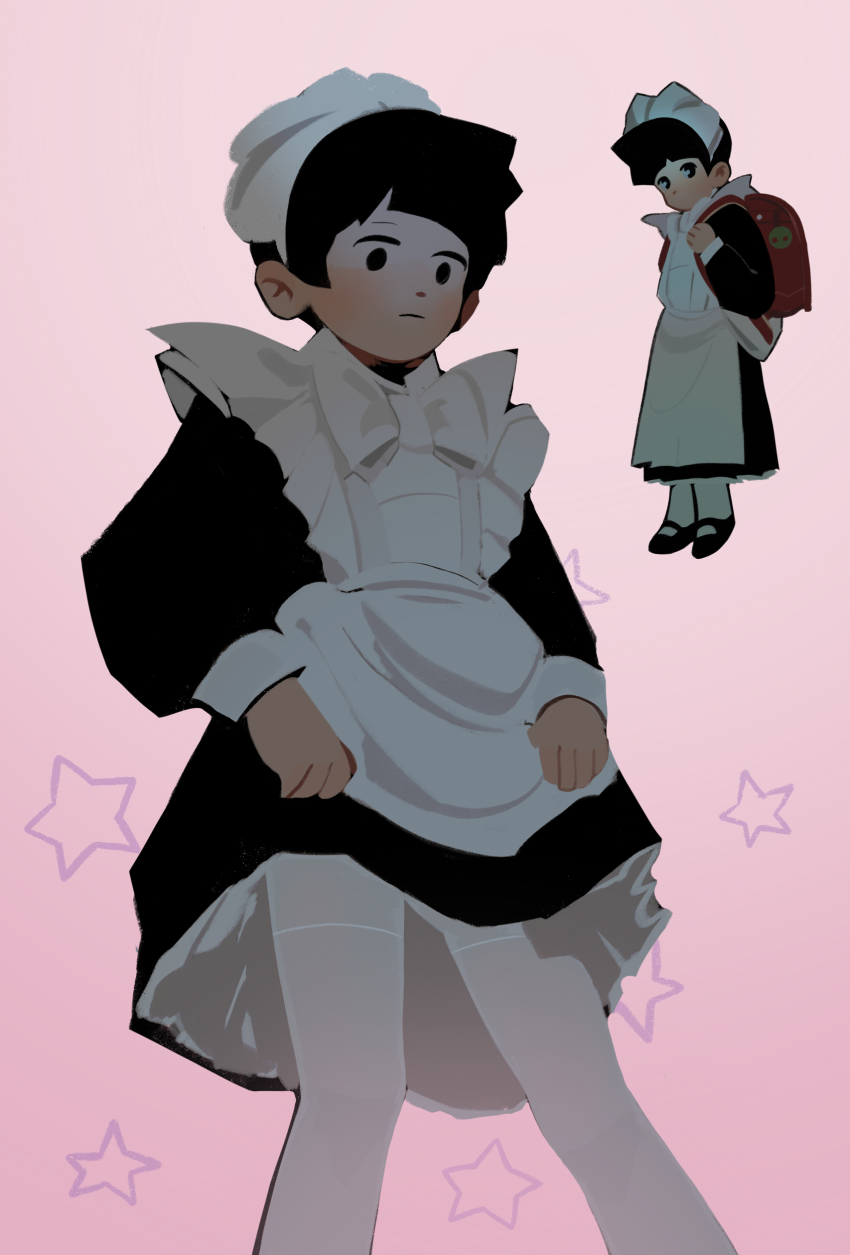 1boy, absurdres, alternate_costume, anheng3ll, apron, backpack, bag, black_dress