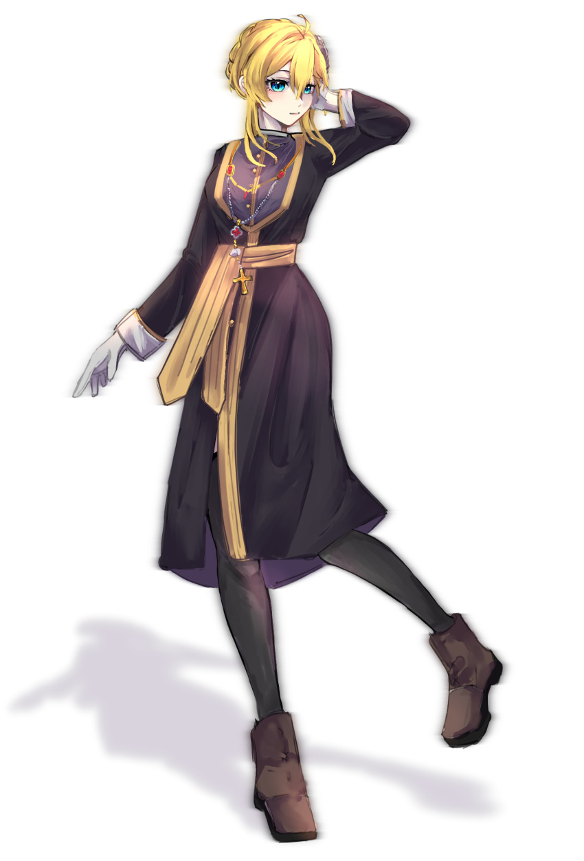 1girl, ahoge, arm_behind_head, black_coat, black_thighhighs, blonde_hair, blue_eyes, braid, breasts, brown_shoes, call_of_cthulhu, coat, cross, crown_braid, foot_up, full_body, gloves, gold_trim, highres, jiehaitangsha, mussolier_de_shengzhizhe, original, purple_shirt, rosary, shadow, shirt, shoes, short_hair_with_long_locks, simple_background, small_breasts, solo, thighhighs, white_background, white_gloves