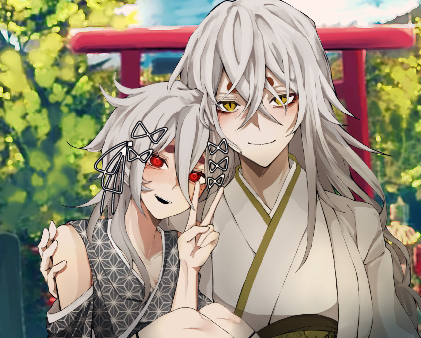 2girls, asa_no_ha_(pattern), black_kimono, black_sleeves, blue_sky, call_of_cthulhu, chinese_commentary, closed_mouth