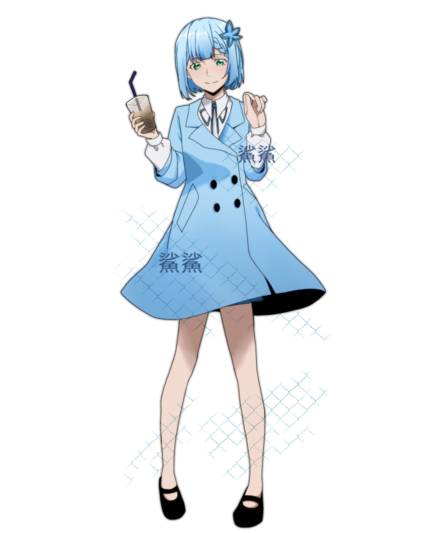 1girl, black_shoes, blue_coat, blue_hair, blue_ribbon, braid, braided_bangs, chinese_commentary, closed_mouth, coat, collared_shirt, commentary_request, cup, drink, drinking_straw, flower, full_body, green_eyes, hair_flower, hair_ornament, highres, holding, holding_cup, jiehaitangsha, mary_janes, necktie, no_socks, original, ribbon, shirt, shoes, short_hair, smile, solo, watermark, white_shirt