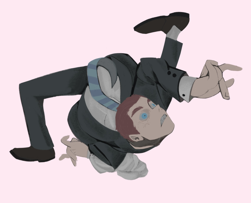 1boy, anheng3ll, blue_eyes, blue_necktie, contortion, flexible, formal_clothes, highres