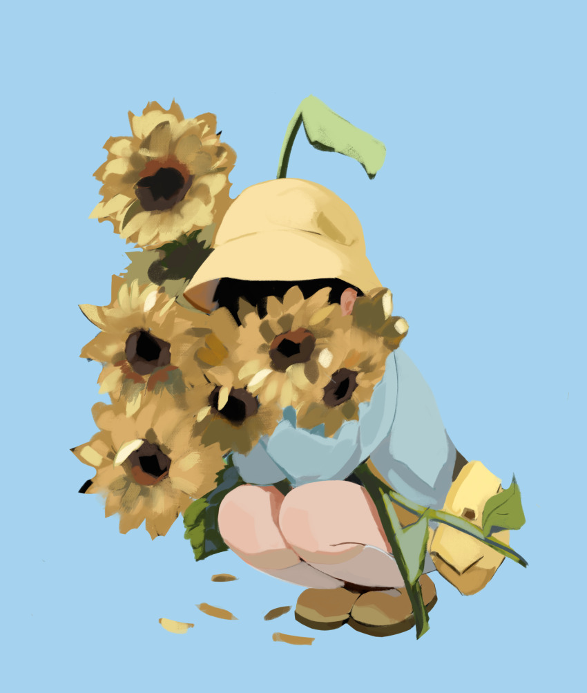 1boy, alternate_costume, anheng3ll, bag, black_hair, blue_background, child, flower