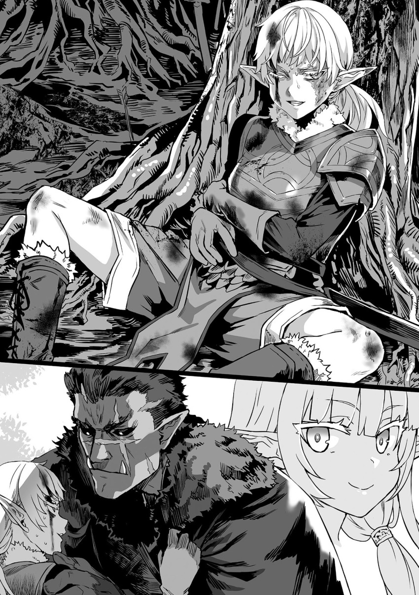 1boy, 2girls, against_tree, armor, asanagi, azalea_(orc_eiyuu_monogatari), bash_(orc_eiyuu_monogatari), blood, blood_on_face, boots, burn_scar, elf, fur_collar, gloves, greyscale, hand_on_own_arm, highres, injury, monochrome, multiple_girls, novel_illustration, official_art, orc, orc_eiyuu_monogatari, outdoors, parted_lips, pointy_ears, scar, scar_across_eye, scar_on_face, scar_on_nose, sheath, sitting, smile, thunder_sonia, tree, tusks