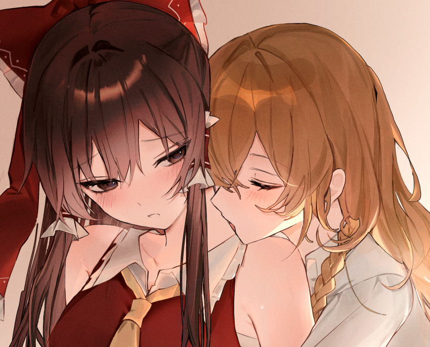 2girls, ascot, blonde_hair, blush, braid, brown_hair, closed_eyes, commentary_request