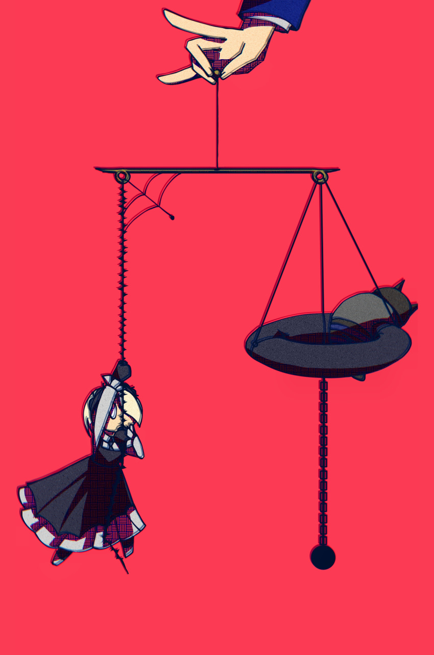 0_0, 1boy, 2girls, absurdres, balance_scale, ball_and_chain_restraint, beanie, black_dress, black_gloves, black_hairband, black_hat, black_pantyhose, blonde_hair, blue_pants, blue_sleeves, bsyt41, chibi, chinese_commentary, climbing, collared_dress, commentary_request, danganronpa_(series), danganronpa_v3:_killing_harmony, dress, fake_horns, frilled_dress, frilled_hairband, frilled_sleeves, frills, gloves, grey_jacket, hair_over_one_eye, hairband, hat, highres, holding_scale, horned_headwear, horns, hoshi_ryoma, innertube, jacket, layered_dress, layered_sleeves, long_sleeves, lying, multiple_girls, no_mouth, on_stomach, pants, pantyhose, red_background, shirogane_tsumugi, shoes, short_hair, silk, simple_background, sleeveless, sleeveless_dress, spider_web, spoilers, swim_ring, thorns, tojo_kirumi, two-tone_pants, weighing_scale, white_dress, white_footwear