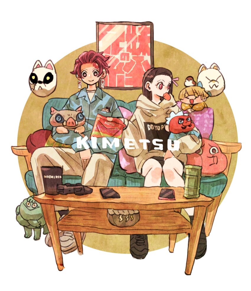 1girl, 6+boys, agatsuma_zenitsu, animal, animal_on_head, bird, bird_on_head, blonde_hair, blue_shirt, boar_mask, brother_and_sister, brown_hair, chuntarou_(kimetsu_no_yaiba), circle, collared_shirt, commentary_request, controller, game_controller, haganezuka_hotaru, hand_demon_(kimetsu_no_yaiba), hashibira_inosuke, highres, hood, hoodie, kamado_nezuko, kamado_tanjirou, kimetsu_no_yaiba, long_hair, mask, multiple_boys, on_head, phone, red_hair, scar, scar_on_face, shinazugawa_genya, shirt, short_hair, siblings, sitting, smile, table, takeuchi_ryousuke, urokodaki_sakonji
