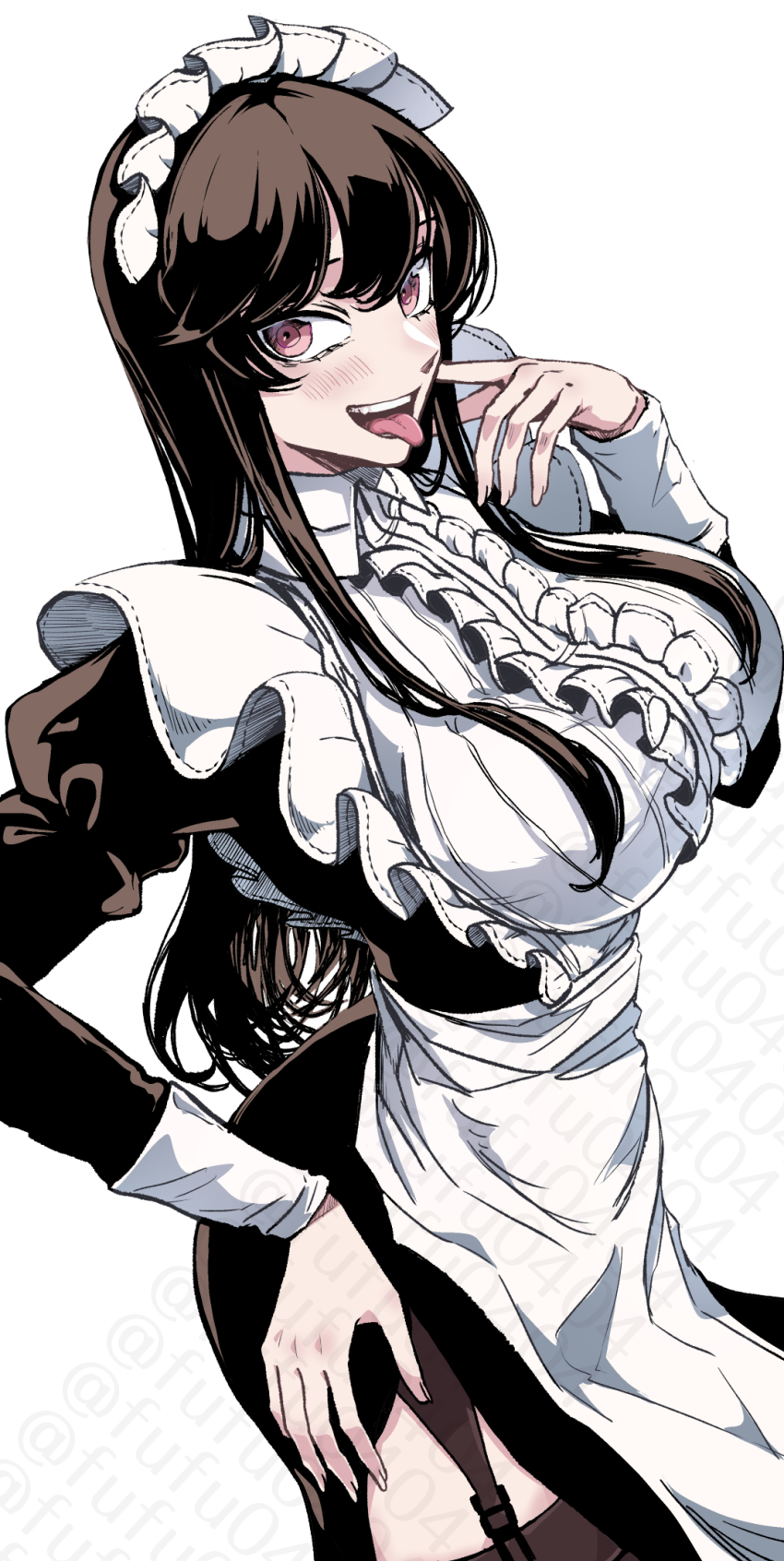 1girl, apron, black_dress, black_eyeliner, black_hair, blush, breasts, dress