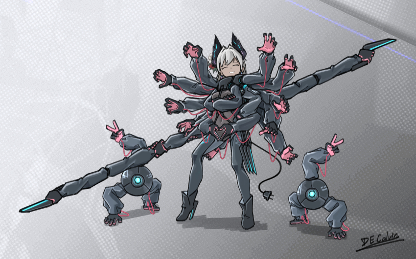 1girl, 2others, arknights, bodysuit, closed_eyes, cosplay, crossed_arms, de.calvin, electric_plug, extra_arms, full_body, heart, heart_hands, highres, holding, holding_weapon, mecha, metal_gear_(series), metal_gear_rising:_revengeance, mistral_(metal_gear_rising), mistral_(metal_gear_rising)_(cosplay), multiple_others, raidian_(arknights), robot, smile, standing, v, weapon