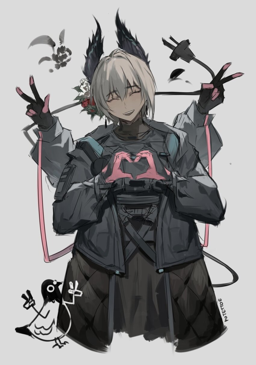 1girl, arknights, bird, bird_girl, black_feathers, black_gloves, cable, closed_eyes