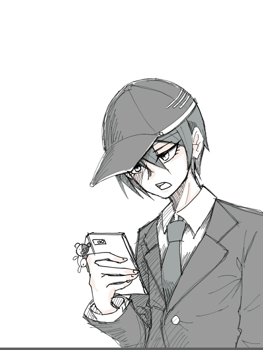 1boy, animal_charm, baseball_cap, black_hair, black_hat, black_jacket, blazer, bored