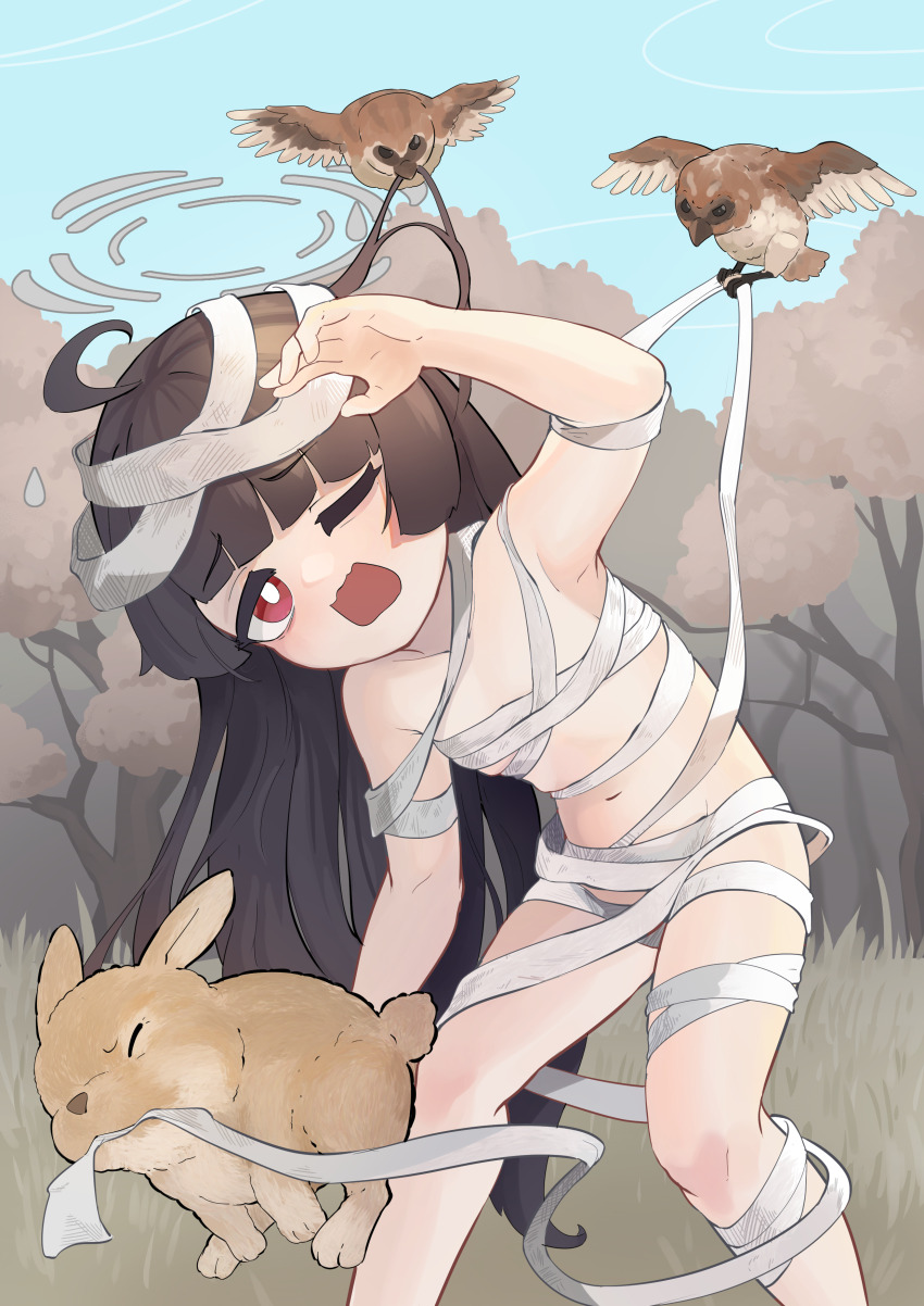 1girl, absurdres, ahoge, bandage_on_hair, bandaged_chest, bandaged_leg, bandages, bird, blue_archive, blue_sky, breasts, day, grey_halo, halo, highres, miyu_(blue_archive), mmm5162, mummy_costume, naked_bandage, navel, one_eye_closed, open_mouth, outdoors, rabbit, red_eyes, sky, small_breasts, solo, tree